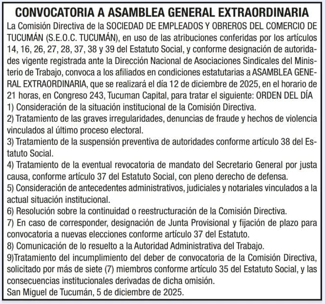 SEOC Tucumán: Asamblea extraordinaria para decidir si se revoca el mandato del secretario general 1 imagen 2025 12 06 001932869